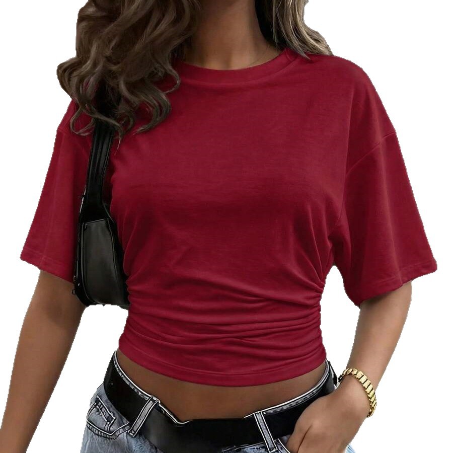 2026 Cross-Border Summer Pleated Solid Color Round Neck Slim-Fit Women's Short-Sleeve Black Top_ecoleips.com