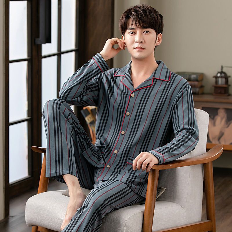 Pijamas de primavera y otoño de manga larga de algodón de invierno para hombres con un cardigan suelto de tamaño grande para el hogar