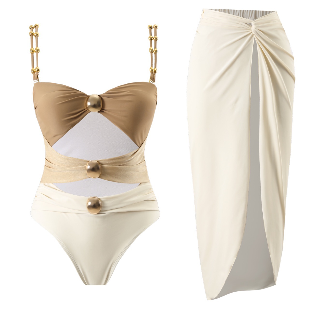 Women's Strapless Hollow Out One Piece Swimsuit Sexy Vacation Style Summer Swimwear Two-Piece Set Dress_ecoleips.com