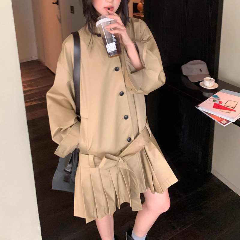 高级感小众立领风衣外套女2025秋季新款韩系高智感两穿百褶连衣裙|undefined