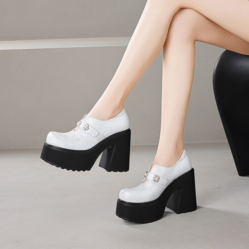 Giày loafer nữ đế xuồng da thật gót vuông 12 cm phong cách Anh quốc — màu đen