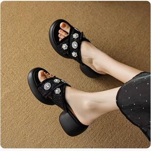 2025 Summer Thick Heel Thick Sole Open Toe Rhinestone Slippers Women's Outerwear Lazy Casual High Heel Cross Strap Sandals