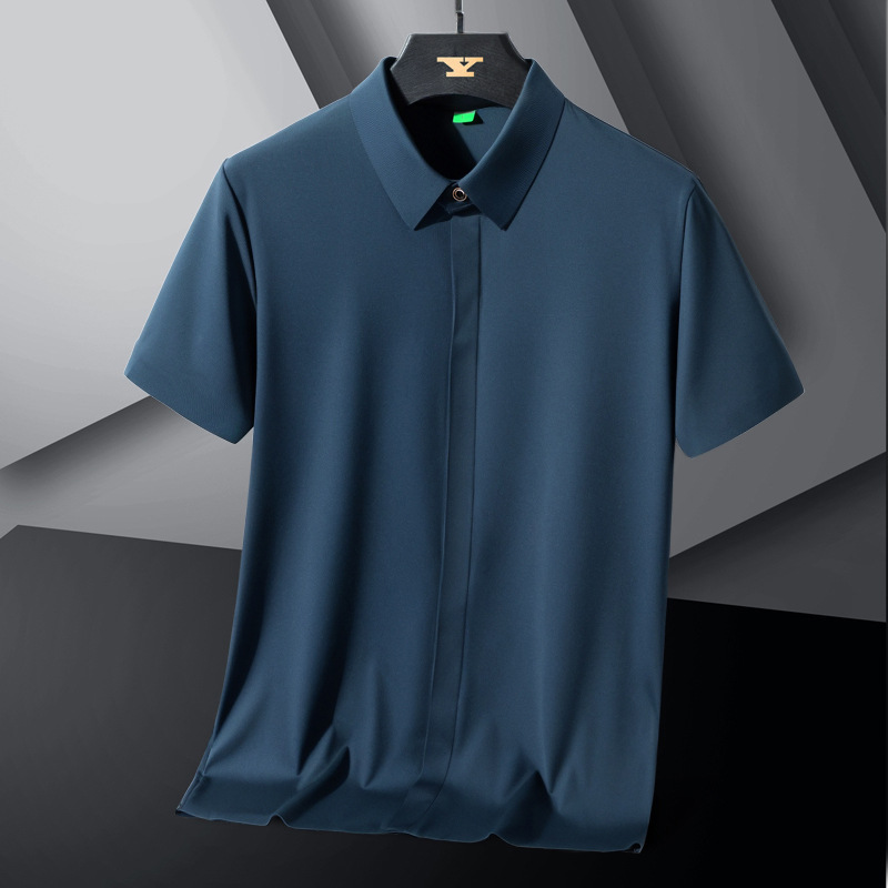 Camisas de manga corta de seda de hielo para hombres de negocios sin marcas sin escaldar chaqueta de verano delgada de secado rápido sin marcas prensado chaqueta al por mayor