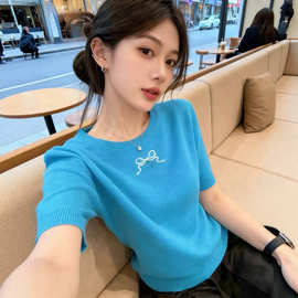自留款推荐~法式甜美刺绣蝴蝶短袖针织衫女夏季新款独特减龄上衣