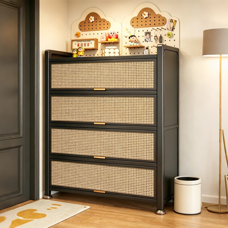 Household Steel Rattan Shoe Cabinet for Entryway and Hallway, Integrated Wall-Mounted Entryway Cabinet with Large Capacity Storage and Shoe Rack