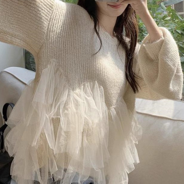 大码300斤胖妹妹网纱拼接毛衣女秋冬新款外穿宽松百搭时尚针织衫|undefined