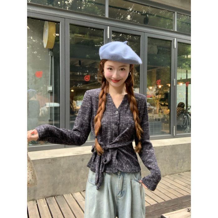 秋季法式复古长袖女收腰显瘦绑带不规则单排扣v领气质新款毛衣女|undefined