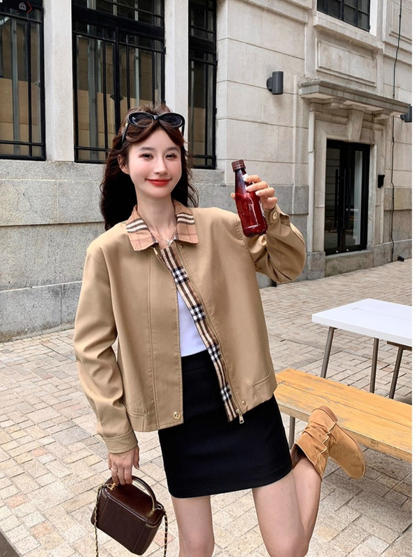 卡其色撞色拼接格子风衣短外套女秋季高级感气质小个子夹克上衣|undefined