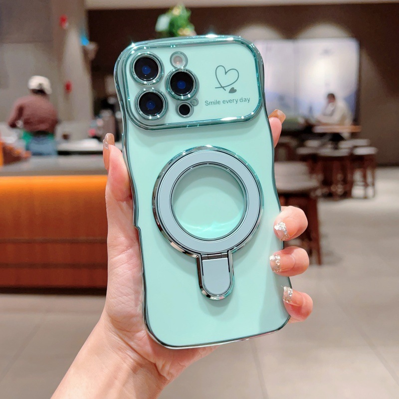 iPhone17Promax対応 波型ハート型スマホケース Apple15対応 メッキ磁気スタンド付き 落下防止保護ケース|undefined