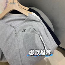 秋冬新款大码V领半排扣长袖打底衫女磨毛宽松舒适刺绣上衣女批发