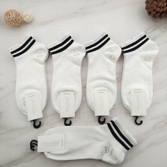 四季款男女士精梳棉中筒襪低腰學生學院風雙槓運動純色黑白棉襪