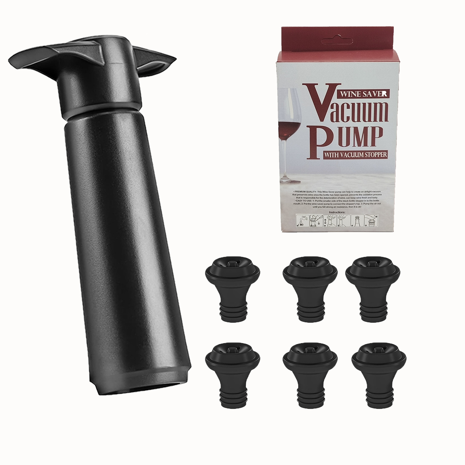 Suministro directo de fábrica Amazon Bomba de vacío de vino tinto, conservador fresco, juego de tapones de vino, tapón de vacío de vino tinto, tapón de succión de bomba negra