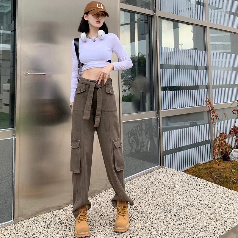 女装新款韩版无弹辣妹休闲工装牛仔裤2022早秋潮流宽松显瘦直筒裤|ms