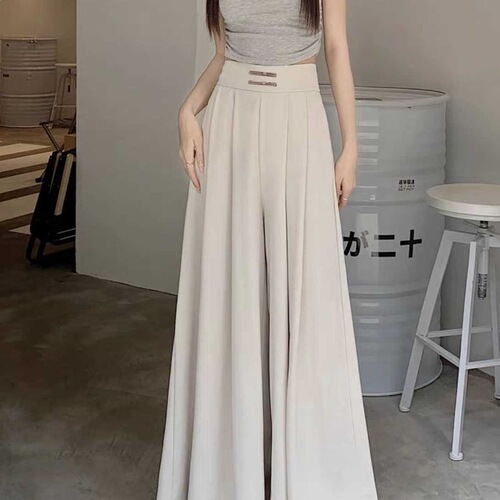 Summer and Autumn Ice Silk Chiffon Disc Button High-Waisted Pleated Trousers with Drop-Waist, Full-Length Skirt, Flowy Wide-Leg, and Waist-Slimming Design, Trendy