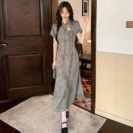 新中式改良旗袍连衣裙女2026夏秋新款法式收腰开叉中长款掐腰裙子