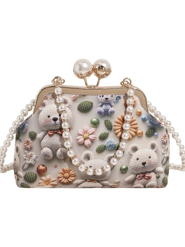 Bolso de mujer 2025 nueva impresión de tela lindo oso bolsa de cena concha de cadena de perlas bolso de mochila