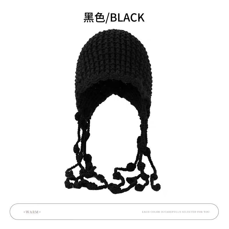 秋冬度假民族风流苏针织套头帽女保暖护耳毛线帽手工编织包头帽子|undefined