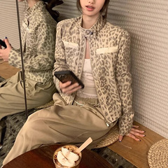 '豹纹限定'小众做旧定染豹纹印花立领外套女秋