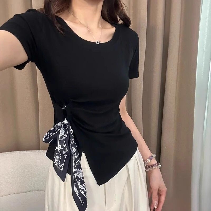 32-count stretch cotton silk scarf tie T-shirt for women, waist-cinching, slimming, plus-size, round-neck, short-sleeved top 32-count stretch cotton silk scarf tie T-shirt for women, waist-cinching, slimming, plus-size, round-neck, short-sleeved top