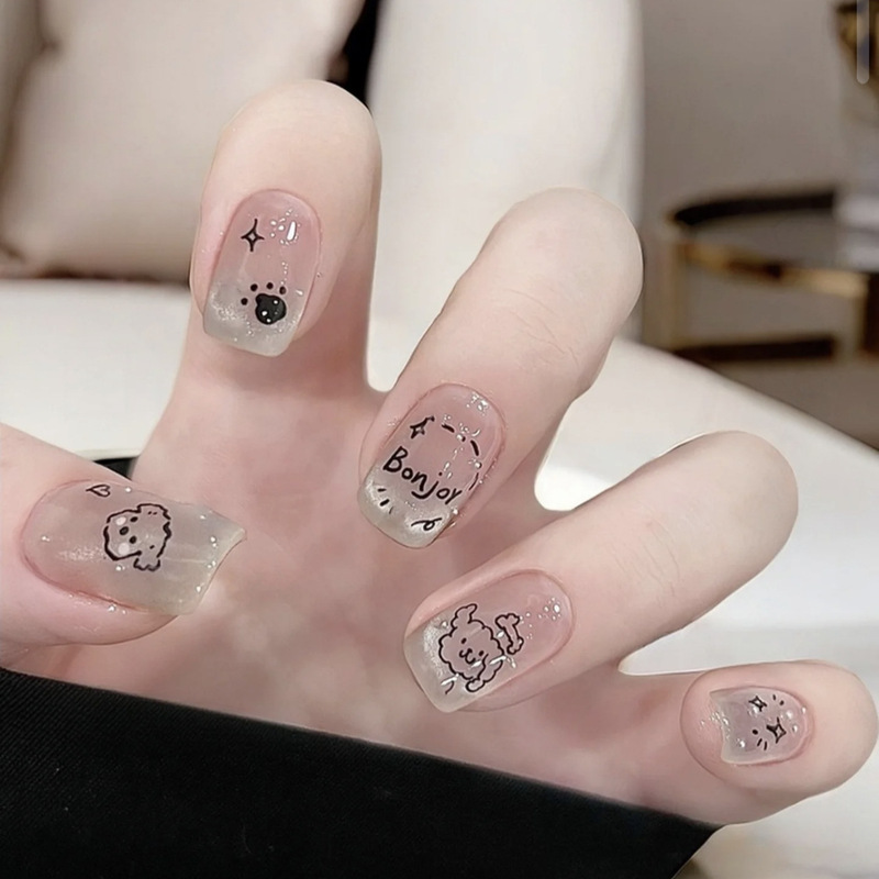 Cute and Playful Line Art Puppy Gradient Ice-Transparent Cat Eye Short Style Press-On Nail Stickers Finished Product Wholesale Cute and Playful Line Art Puppy Gradient Ice-Transparent Cat Eye Short Style Press-On Nail Stickers Finished Product Wholesale