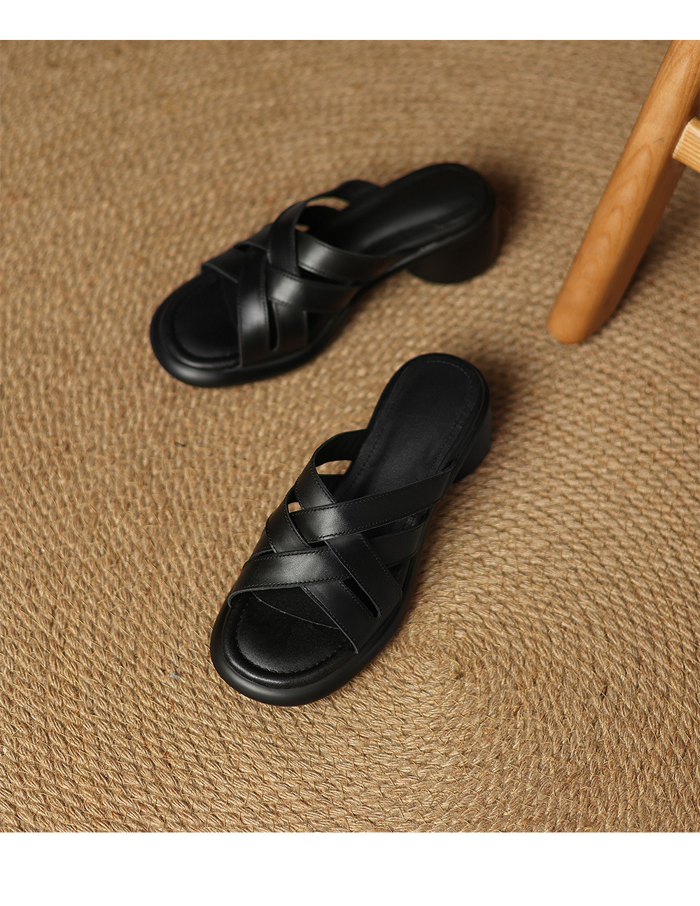 Sandal cao gót nữ mũi tròn hở ngón, da bò gót vuông 9 cm — đen chi tiết 19