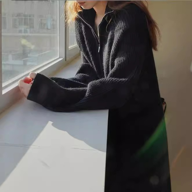 秋冬新款韩版过膝中长款翻领宽松慵懒风毛衣女针织打底连衣裙|undefined