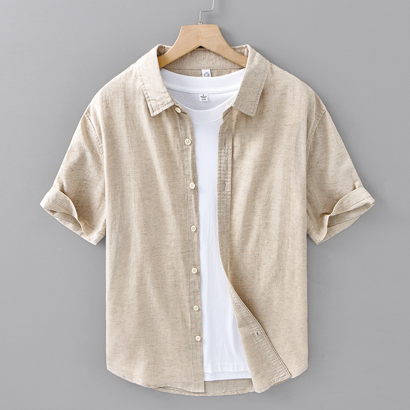 Linen Short-sleeved Shirt Men's Casual Thin Cotton and Linen Shirt Men's Summer Linen Breathable Solid Color Simple Top 206