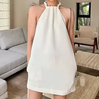 现货SOTH黑白纯色显瘦女神挂脖吊带裙美肩短款小A连衣裙夏季度假