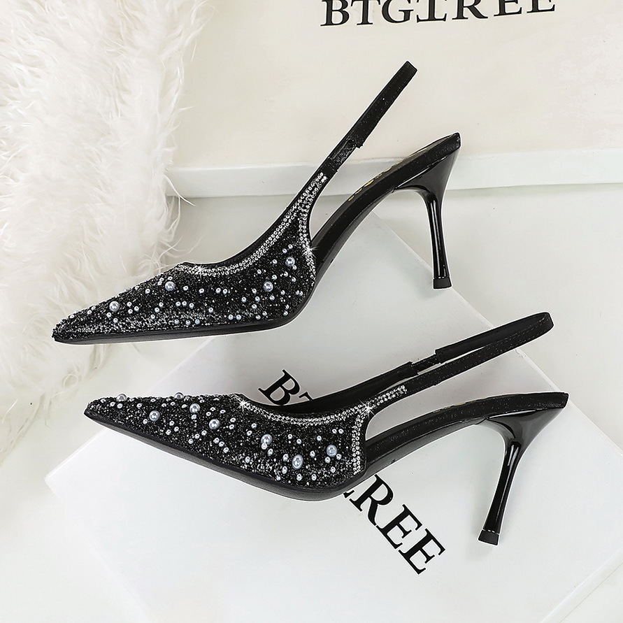 7317-A12 European And American Style High Heels For Women, Shallow Mouth Fashion Sequin Pearl Back Strap Thin Heel_vogvips.com