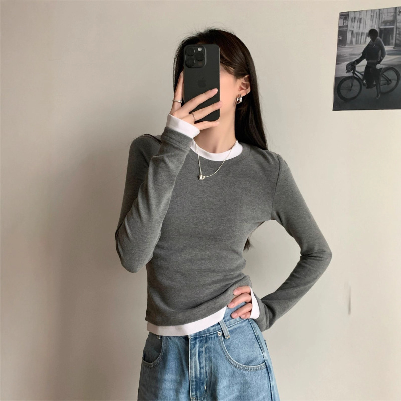 Early Autumn New Korean Style Contrasting Fake Two-Piece Slim Round Neck Long-Sleeved Inner T-Shirt Top for Women Early Autumn New Korean Style Contrasting Fake Two-Piece Slim Round Neck Long-Sleeved Inner T-Shirt Top for Women
