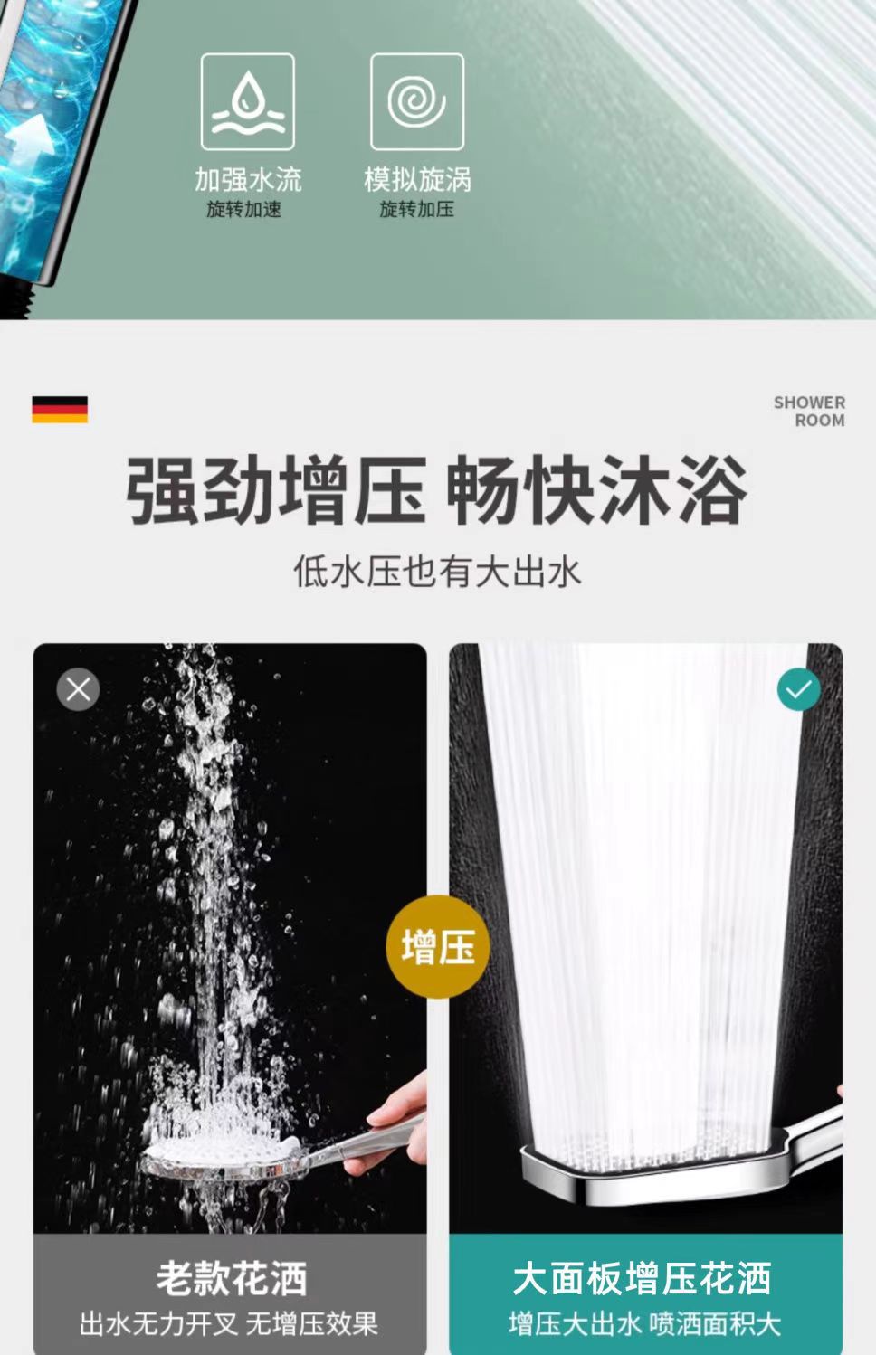 Square three-speed pressurized showerhead, powerful large handheld faucet, high-pressure showerhead for shower, bath, bathroom undefined
