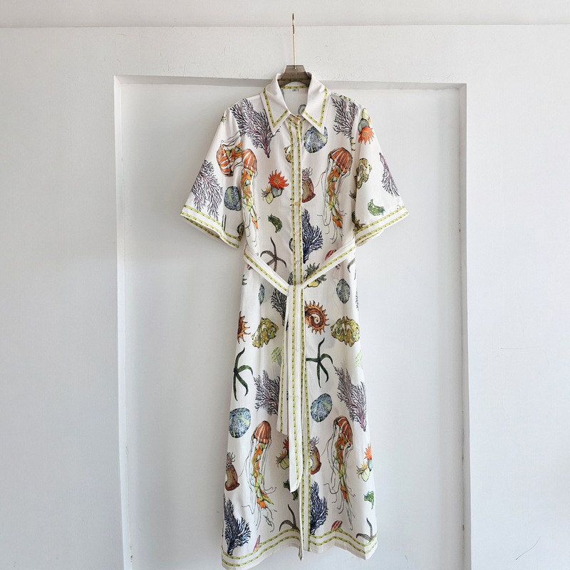 French-Style Youthful Shell Ocean Print Short-Sleeve Shirt Dress for Women, Summer Turn-Down Collar Short-Sleeve Waist-Cinching Linen Long Dress
