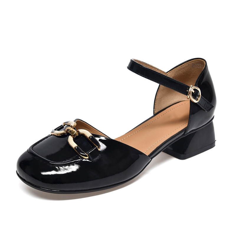 Sandal nữ mũi kín quai ngang da thật gót vuông 6 cm đế mềm có khóa — Màu đen