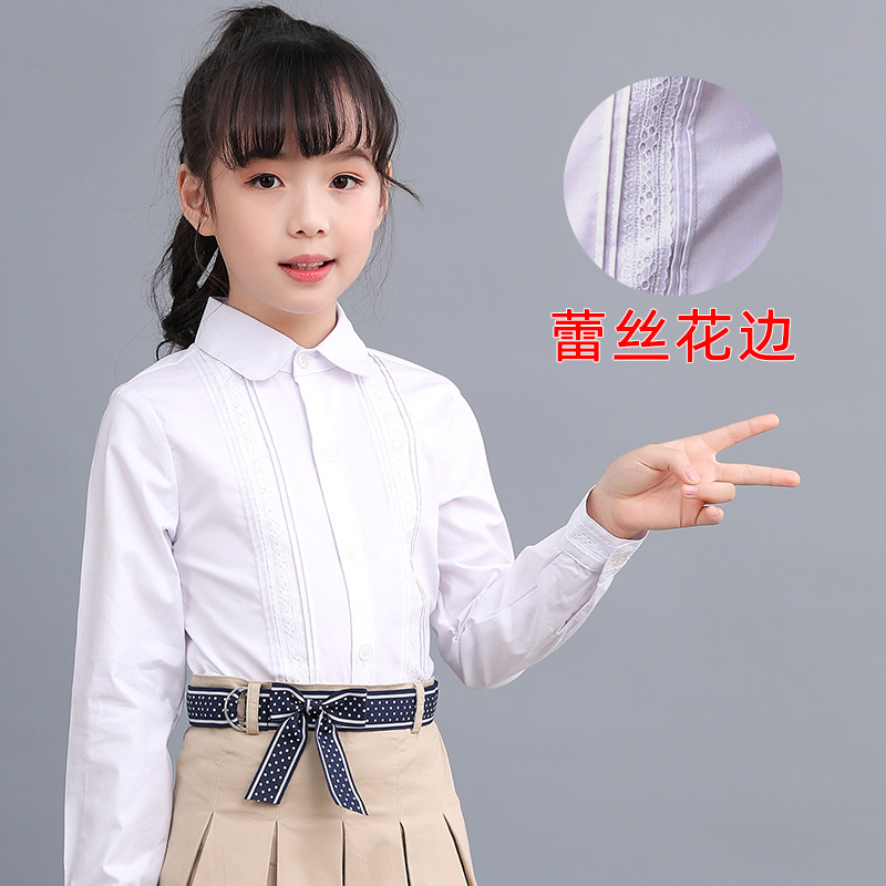 White lace blouse with long sleeves for primary and secondary school girls, suitable for school uniforms, kindergarten uniforms, and spring/autumn styles. Drop shipping available.
