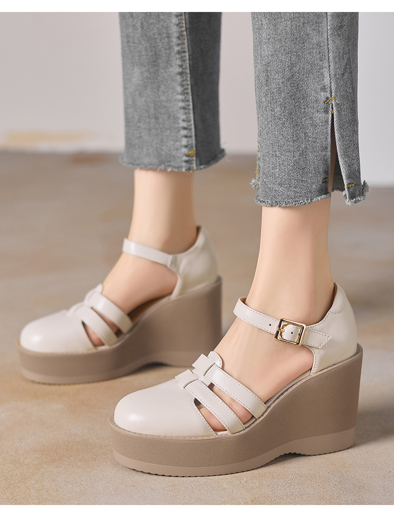 Sandal cao gót nữ đế dày 9,5 cm, mũi bít, dệt chéo, phong cách tổ chim — màu trắng ngà chi tiết 1
