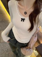 蕾丝打底衫女春秋2025新款设计感白色内搭长袖恤上衣蝴蝶结小衫
