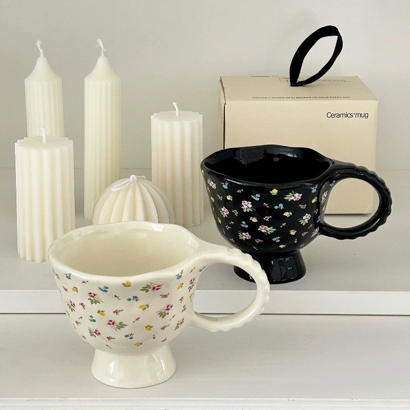 Ceramic Retro Floral Mug, High-Value Handled Cup, 300 ml, Footed Breakfast Cup