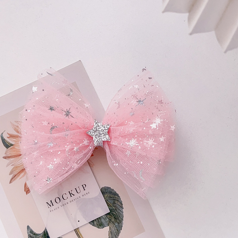 Bottom Clip, Anti-Rust, Sweet Pink Mesh Star Bow Hair Clip, Children's Headwear Wholesale