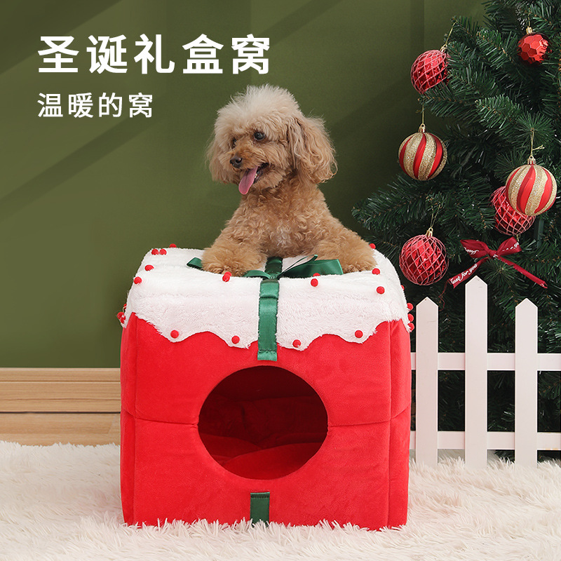 Caja de regalo transfronteriza Nido de gato de Navidad Nido de mascota cuadrado de doble uso de gran espacio completamente cerrado Perrera de invierno al por mayor