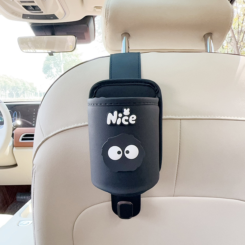 Car cup holder/beverage holder, Qìchē Back Cup Holder - black-leather-cup-holder-with-hook-coal