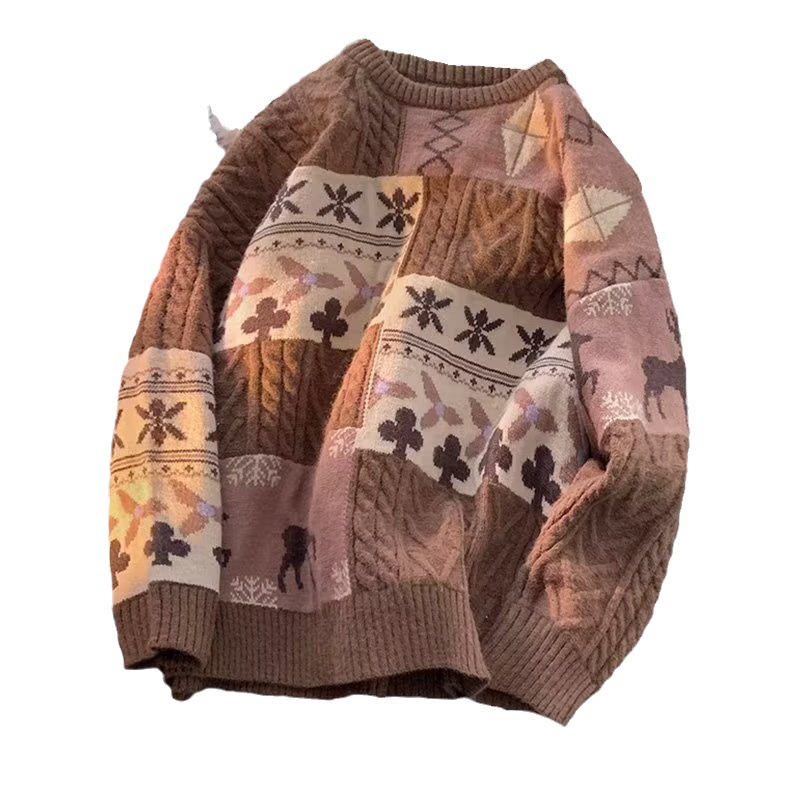 Layered men's winter trend, thickened lazy bottom knit with patchwork for warmth and loose fitting sweater jacket_voghion.com