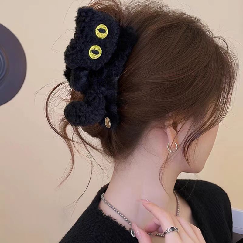 秋冬卡通可爱毛绒猫咪抓夹女气质后脑勺盘发鲨鱼夹大号发夹子头饰|undefined