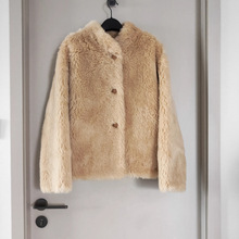 海宁25新款皮草真毛外套100羊毛女式圆领皮包扣大衣批发