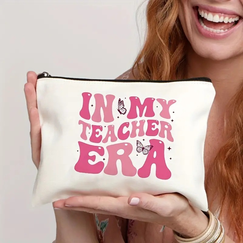 Bolsa de cosméticos Temu rosa con letras de lino, estampada por ambos lados, bolsa de almacenamiento multifuncional con cremallera para mujer, moderna y práctica.