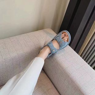 Sandals Women's 2024 Summer New Casual Sports Thick-soled Chanel-style Velcro Denim Beach Sandals Flat