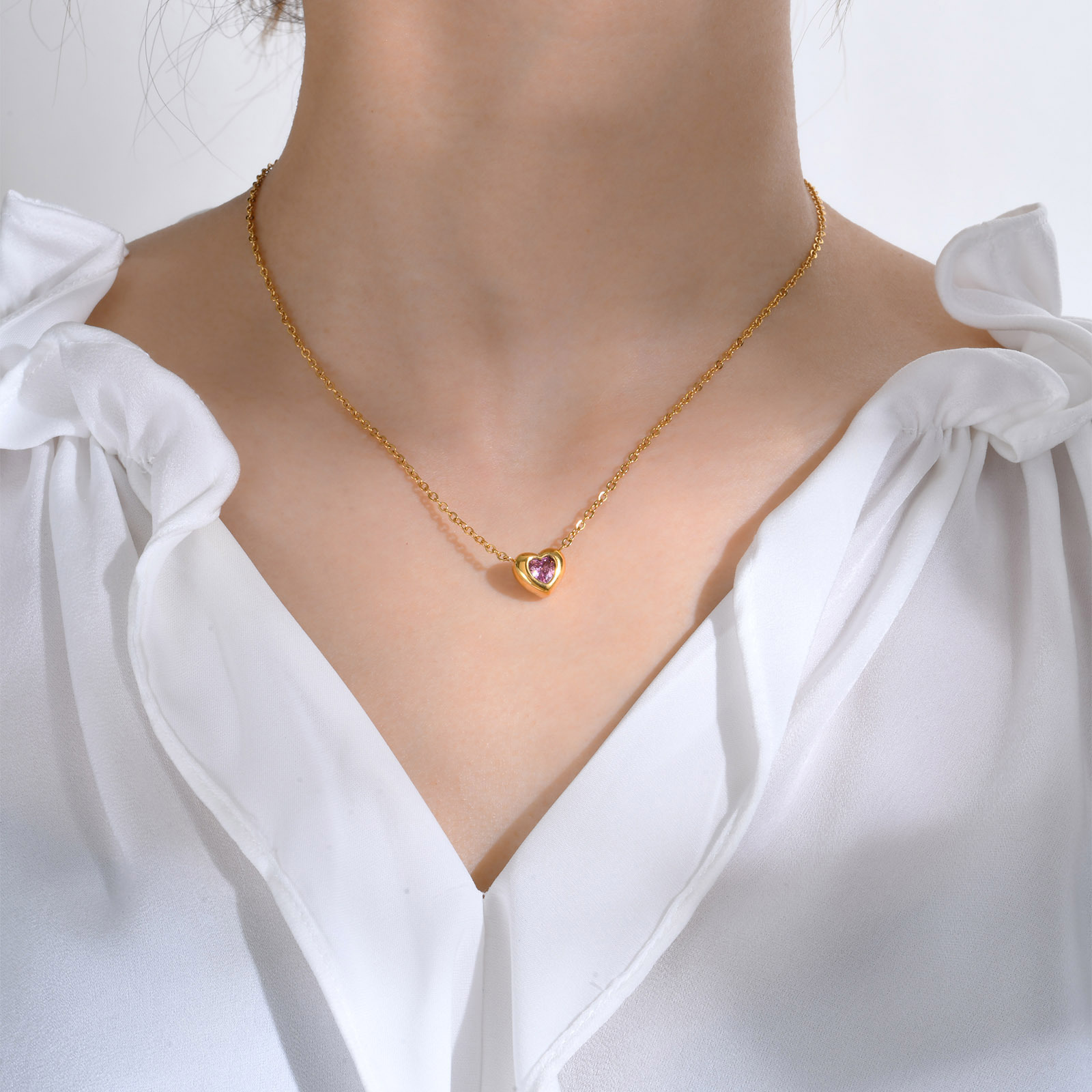 201 Stainless Steel Material Wholesale Jewelry Simple Style Classic Style Heart Shape 201 Stainless Steel Zircon 18K Gold Plated Plating Inlay Pendant Necklace