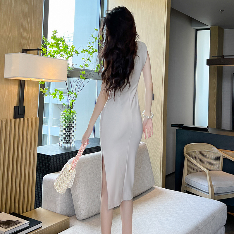 Váy liền không tay dáng dài ôm mông kiểu Pháp Hepburn cho nữ — Màu đen, Màu đỏ rượu, Vàng Mơ gạo nếp