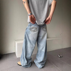美式复古水洗猫须做旧口袋刺绣牛仔裤男女宽松休闲直筒阔腿长裤子