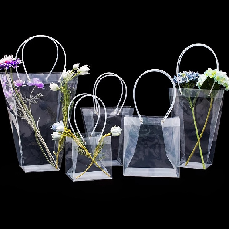 PVC透明防水塑料插花袋花束包装diy材料批发手拎鲜花袋鲜花手提袋