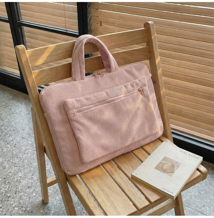 ng2510227 Bolsa feminina de veludo cotelê de 14 polegadas, modelo maleta simples e elegante para uso diário, ideal para notebooks e laptops._voghion.com